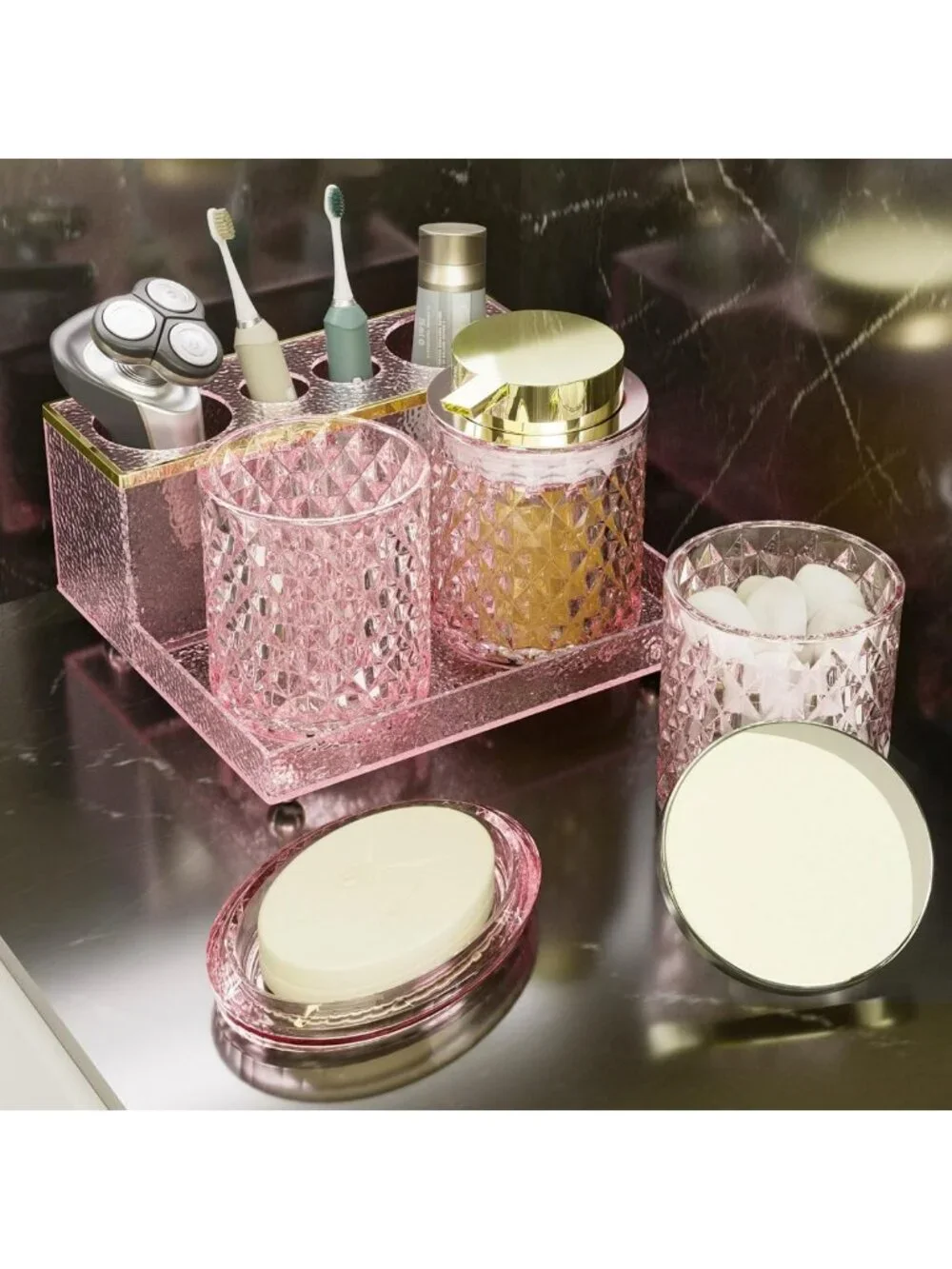 Elegant 5-Piece Pink Crystal Bathroom Accessories Set - Soap Dispenser